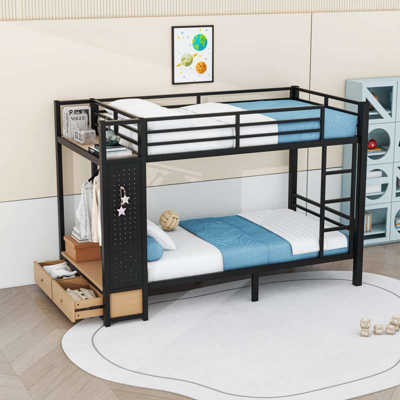 Lit superposé simple en métal avec tablettes, panneau perforé et barre de suspension à 2 tiroirs