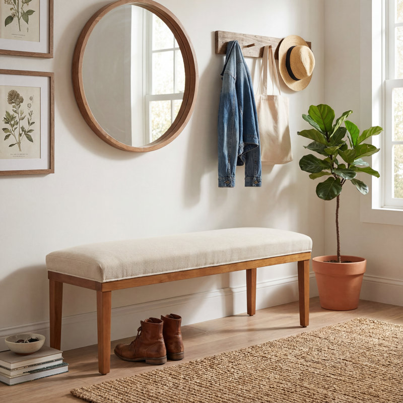 Banc de vestibule moderne avec coussin en tissu, siège de couloir de 53 po pour chaussures, pieds en bois, revêtement crème