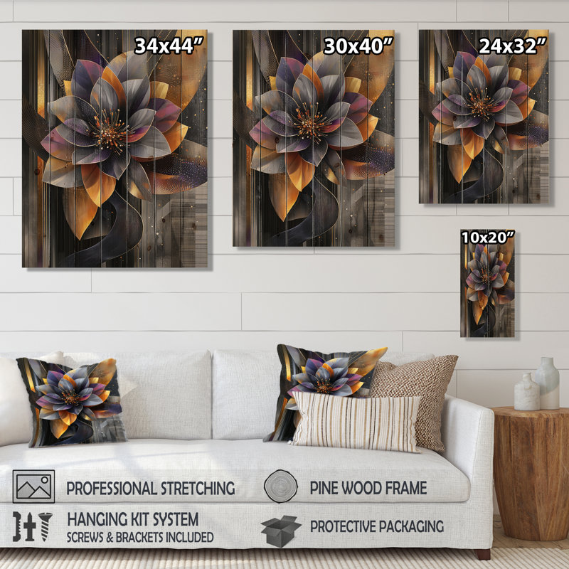 Flower Dahlia Petal Geometry In Motion I - Dahlia Wood Wall Art - On Natural Pine Wood, 20" H x 10" W x 0.78" D