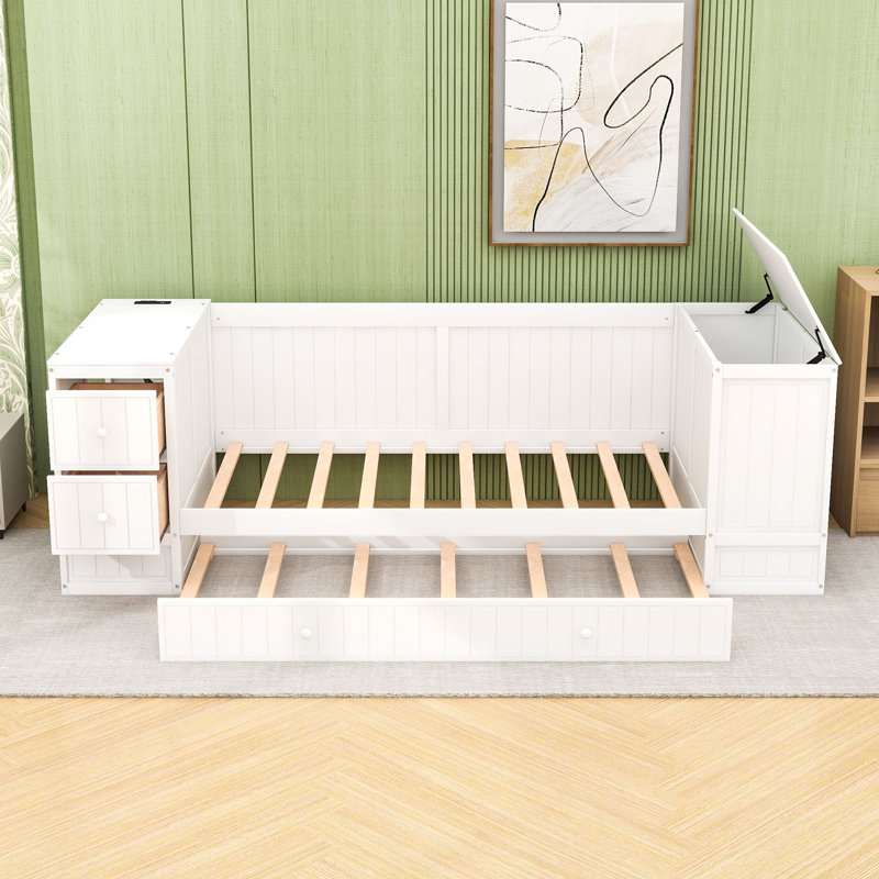 Twin Wood Daybed with Twin Trundle, Built-In Storage and Charging Station, White