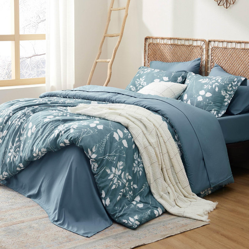 Bedsure Bed in a Bag - Reversible Flroal & Plant Pattern Printed with Comforters, Sheets, Pillowcases & Shams, 89GSM, Blue