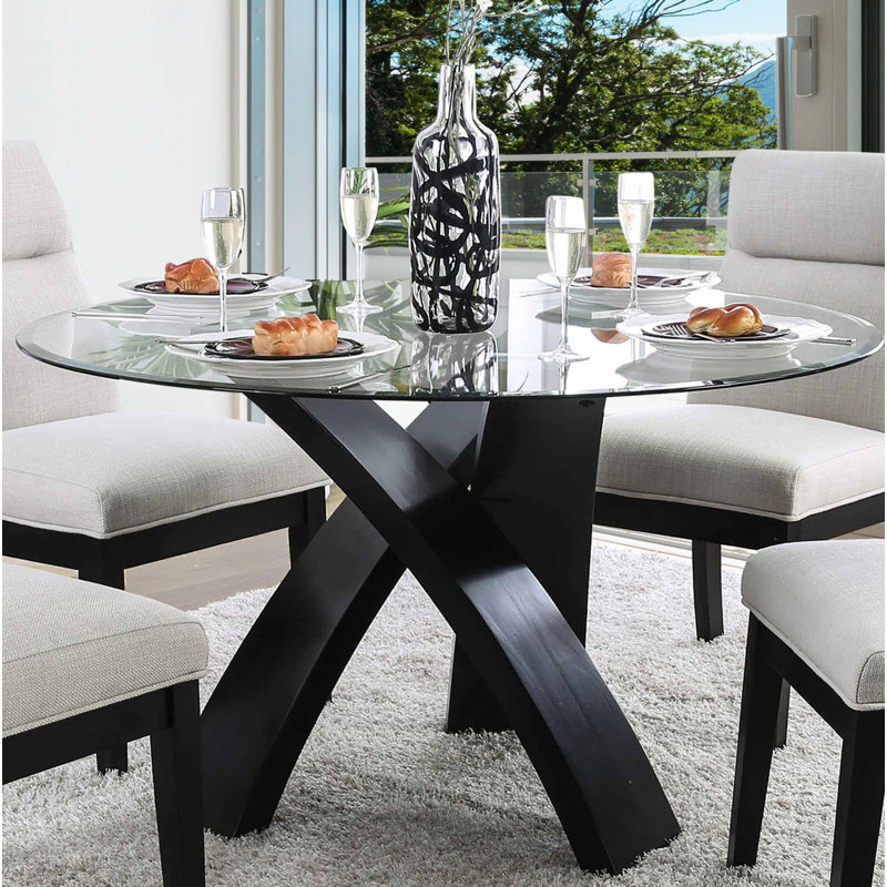 Meece Round Glass Top Solid Wood Base Dining Table