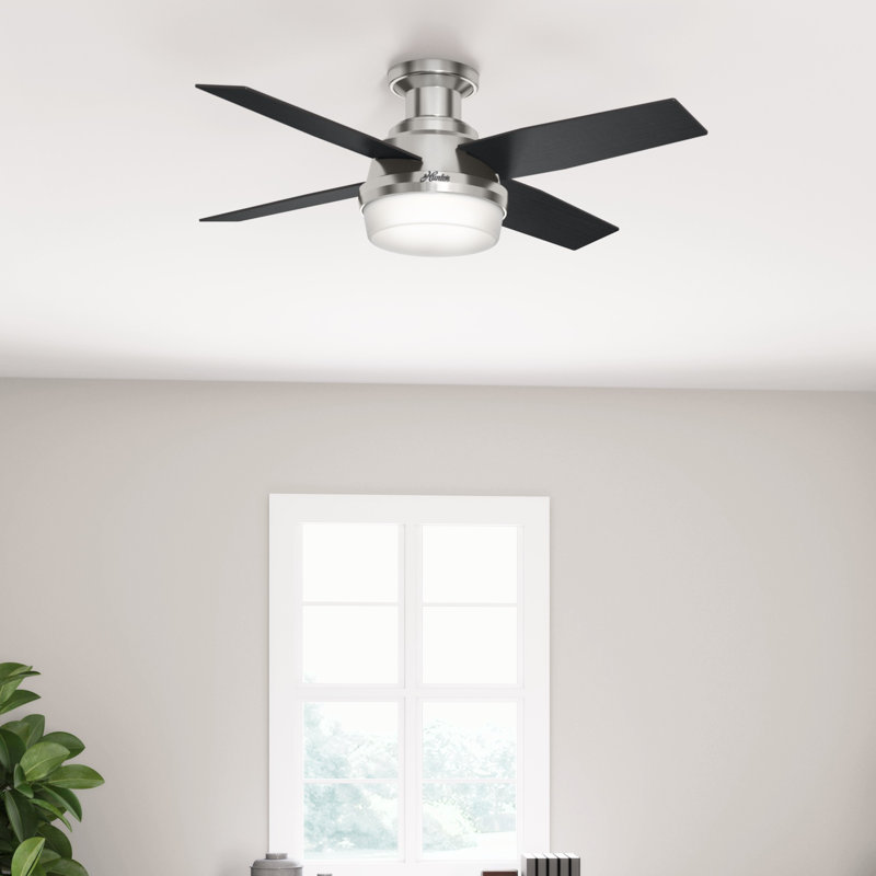 Dempsey Low Profile 44" 4 - Blade Indoor Flush Mount Small Room Ceiling Fan with Lights and Remote, Black/Chocolate Oak