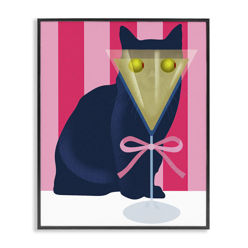 «Cat & Martini on Stripes», estampe numérique, design par Lil 'Rue, Giclée encadrée noir minuit, H 30 po x l 24 po