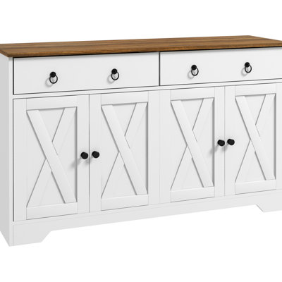 Buffet avec 2 tiroirs, 4 portes, armoires de rangement, tablettes réglables, blanc, grain de bois