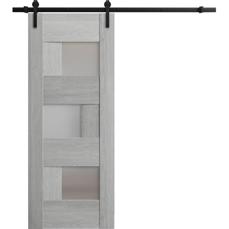 Porte de grange robuste en chêne gris clair avec crochets de rail en verre givré Sete, 28 po x 80 po