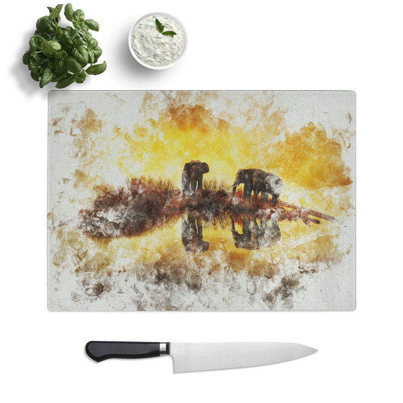 Elephants at Sunset Watercolour Chopping Board, 0.4cm H x 28.5cm W x 39cm L
