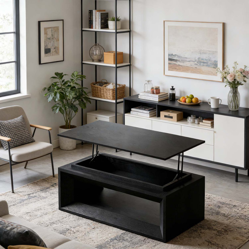 Table basse moderne avec plateau relevable pour salon et bureau, Noir
