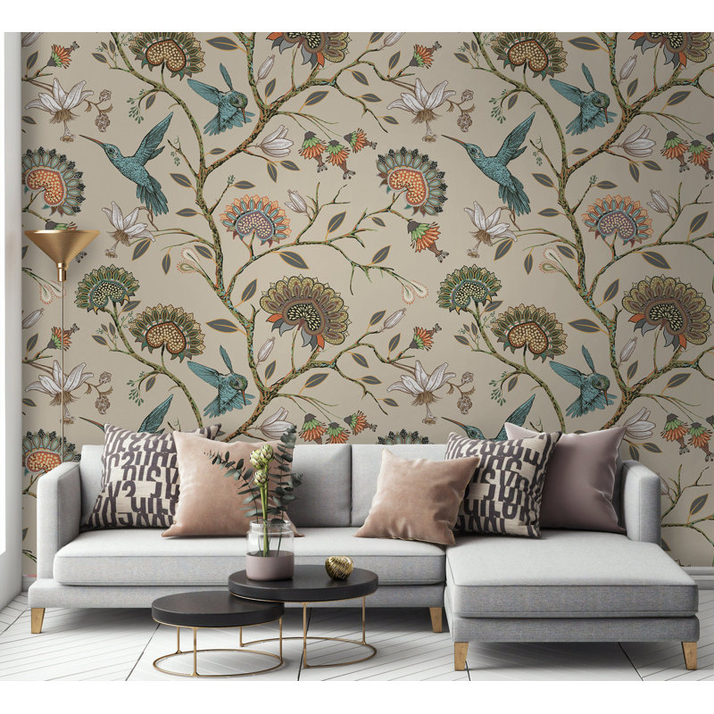 Papier peint amovible floral avec colibri, L 35,04 po x l 55 po