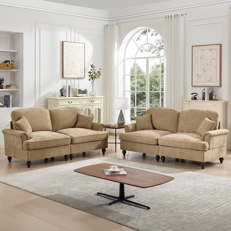 Ensemble de canapé de salon modulaire 2 pièces avec accoudoirs évasés et volants amovibles Classic, Café clair