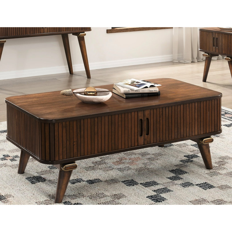 Walnut Veneer Table With 2 Shelves And Tambour Doors For Mid-Century Modern Living Rectangular Room In Finish
