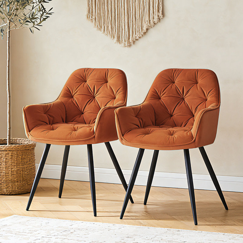 Velvet Upholstered Armrests Tufted Dining Chair with Wide Back 50cmH, Orange