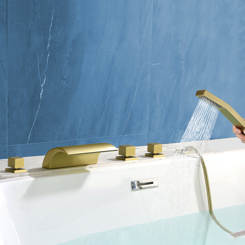 Deck Mount Roman Tub Faucet Set Waterfall High Flow Bathtub Faucets, Brushed Gold