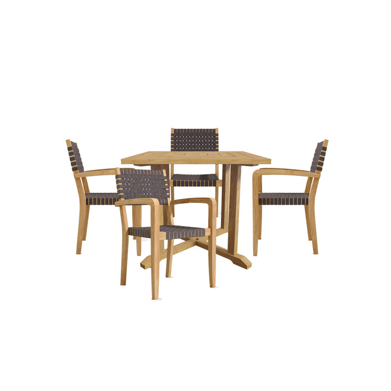 Ensemble repas d'extérieur carré en teck 5 pièces avec fauteuils empilables Clairene