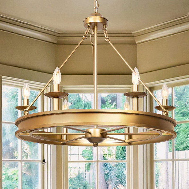 6-Light Black Wagon Wheel Chandelier – Rustic Industrial Pendant Lighting for Dining Room & Foyer, Doré