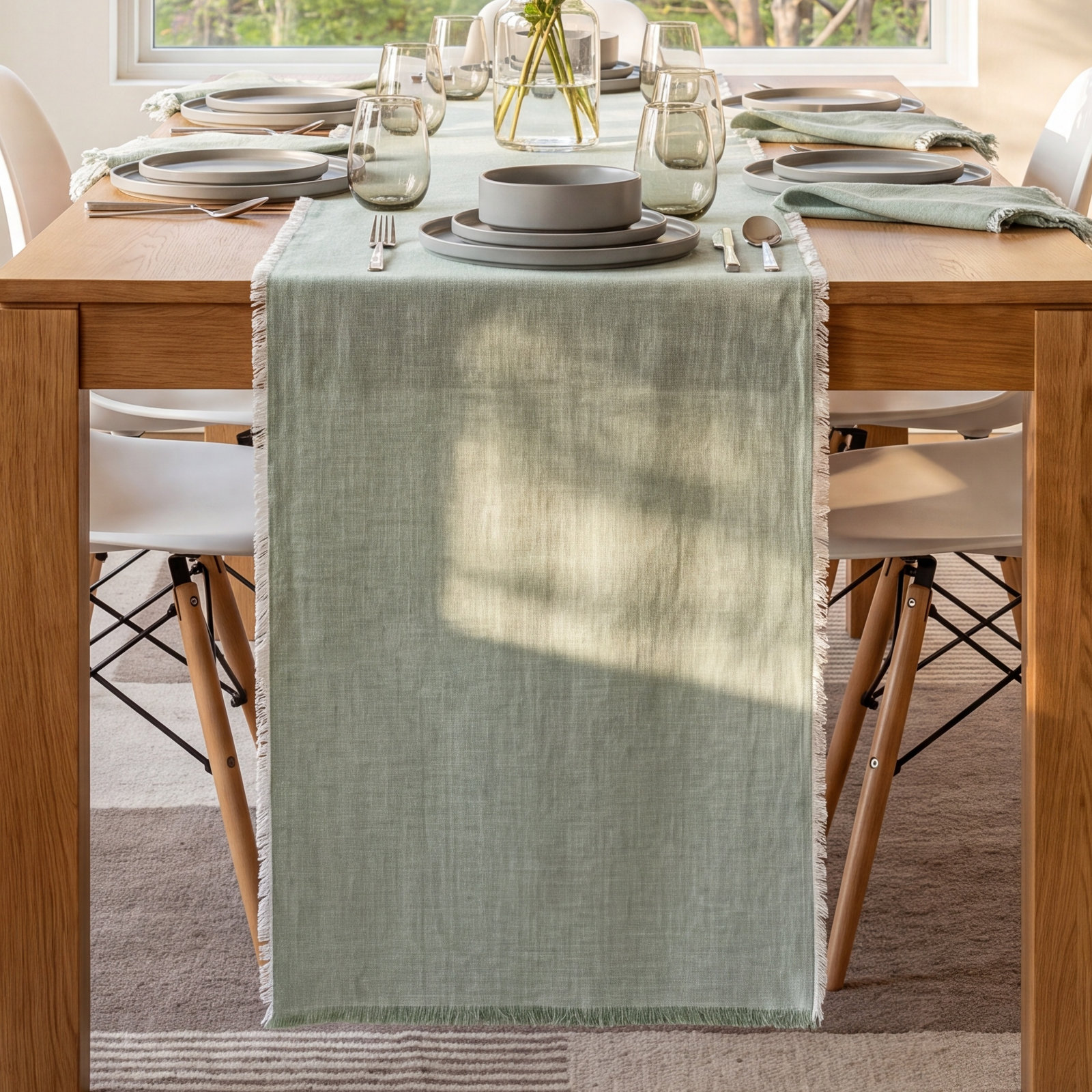 over&back Woven Frayed Chambray 108" Table Runner, 18" W x 90" L, Green