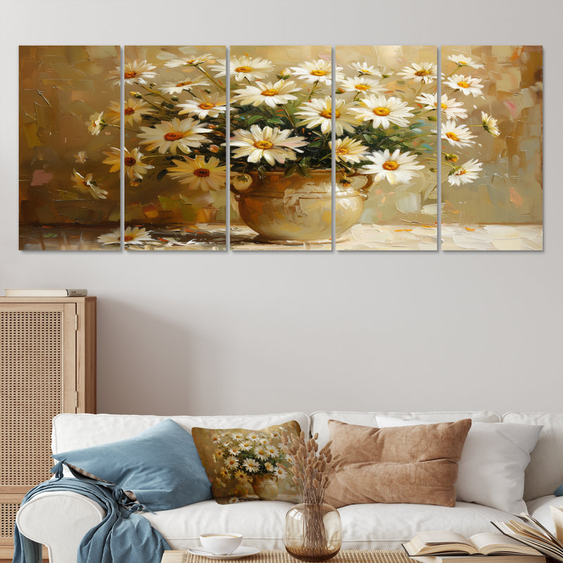 Nature morte avec marguerites jaunes et blanches - ensemble d'art mural marguerites, H 32 po x l 80 po