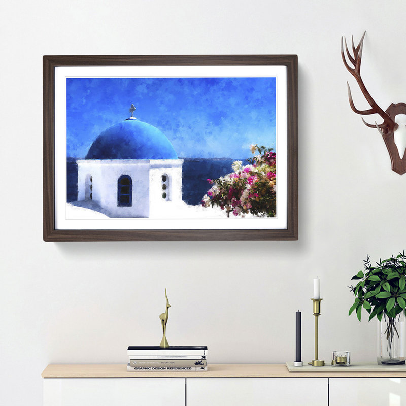 Santorini Blue Domed Church - Picture Frame Painting Print, 62cm H x 87cm W x 2cm D, Walnut Framed
