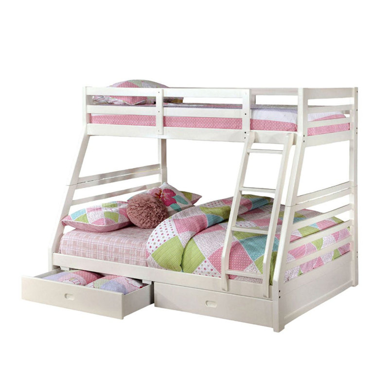 Lit simple superposé au dessus d'un lit double de style transitionnel moderne comprenant deux grands tiroirs pour le rangement sous le lit et une échelle attachée blanche