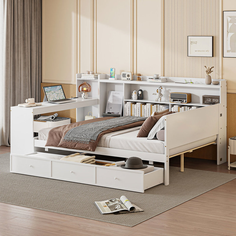 Lit de jour pleine grandeur avec 3 tiroirs - Structure en pin blanc pour une atmosphère de chambre à coucher relaxante, avec ports de chargement blancs, tiroirs et bureau
