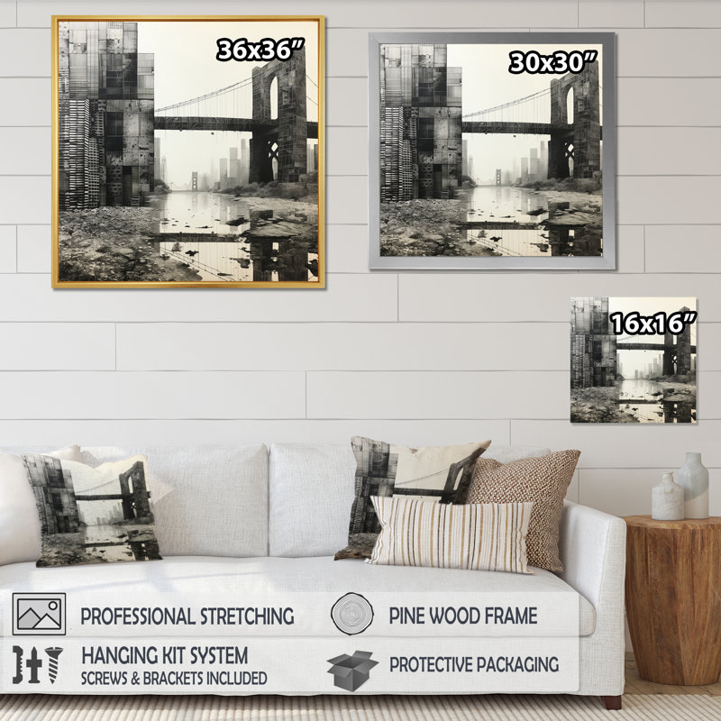Pont gris gris monochromatique - Graphite II, H 30 po x l 30 po x P 1 po, Cadre flottant doré