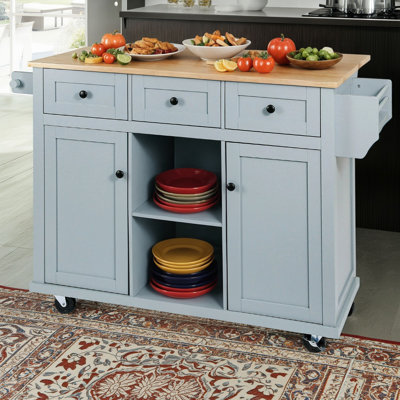 This Kitchen Cart Features A Rubberwood Flip-Top Top And Five Wheels For Stable Mobility. It Includes Storage Cabinets, Three Dining Drawers, And Shelves Inside The Cabinet Doors, Offering Versatile Functionality To Meet Your Kitchen Storage Needs.
