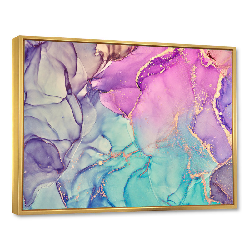 «Mauve et bleu», art liquide - reproduction sur toile, H 12 po x l 20 po, Cadre flottant doré