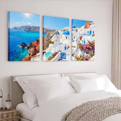 Santorini Greek Island Landscape Blue Dome Churches and Ocean View Canvas Wrapped Wall Art Set of 3