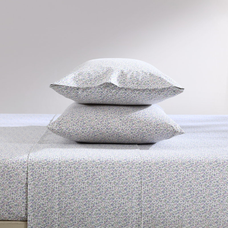 King White Cotton Percale Sheet Set with Floral Print