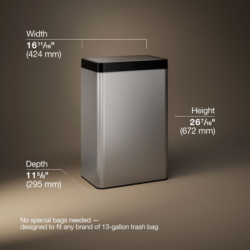 13-Gallon Touchless Stainless Steel Trash Can, Stainless