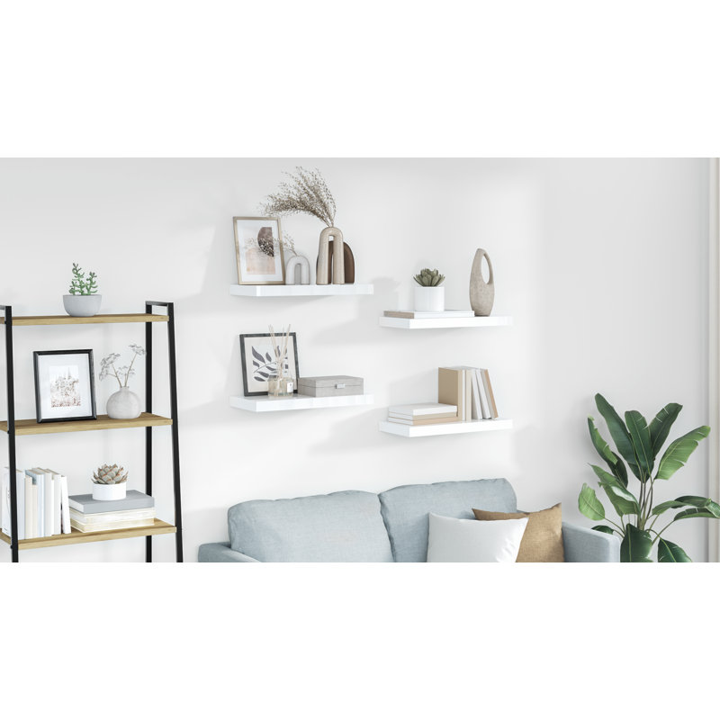 Wall Shelf  Wall Mounted Display Shelf for Photo Frame Set of 4, 1.5" H x 19.7" W x 9.1" D, High Gloss White, 4