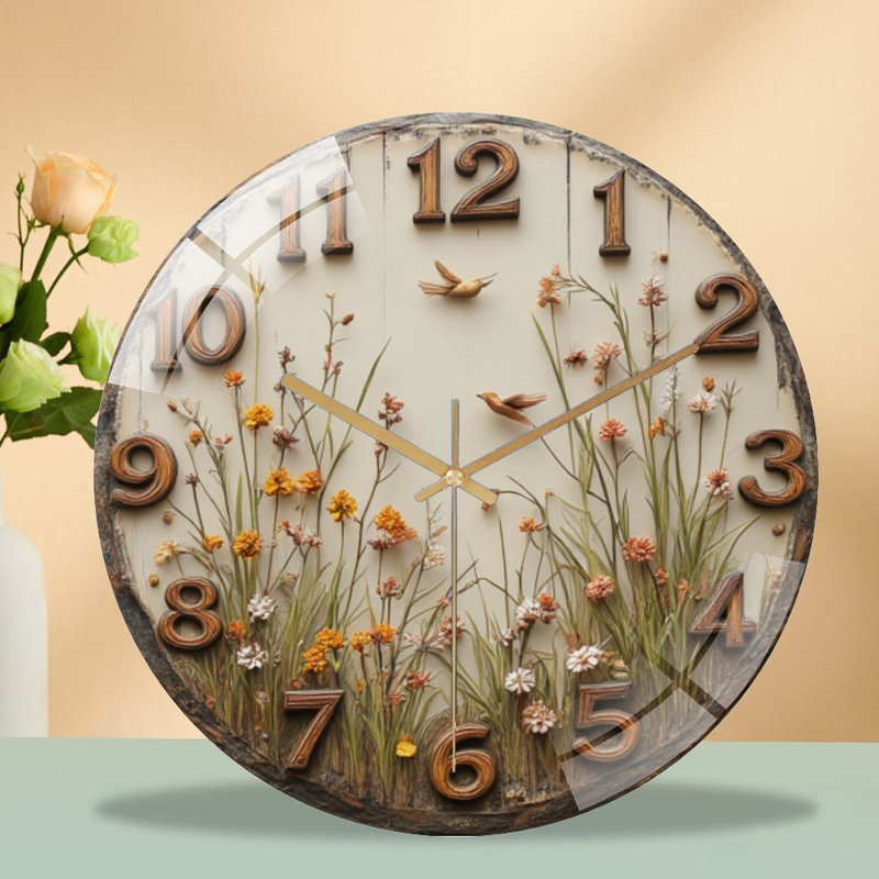 Horloge florale avec oiseaux en vol - Horloge murale moderne en verre 12 po