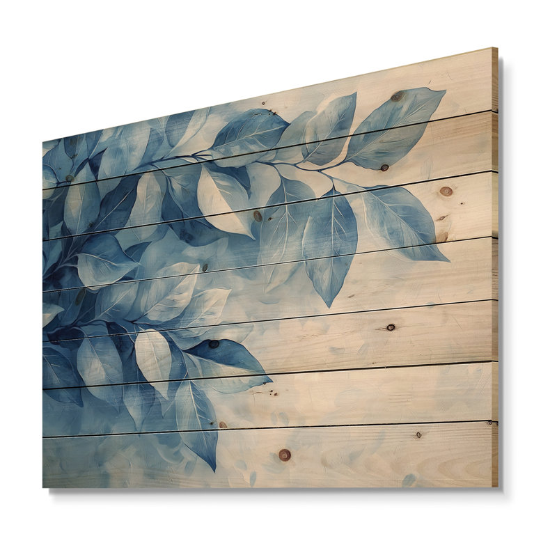 Feuilles douces dans l'aquarelle «Hazy Blues II» - Décoration murale en bois de plantes - sur bois de pin naturel