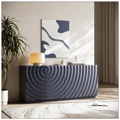 Buffet moderne en placage de frêne massif avec 3 portes, 3 tiroirs, une tablette semi-ouverte et une découpe centrale semi-circulaire dans le panneau arrière, grande armoire de rangement pour le salon, le couloir, la salle à manger