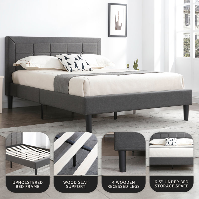 DeCoro Mornington Upholstered Platform Bed w/ Metal Frame, Gray, Queen