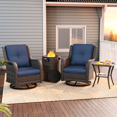 2-Person Outdoor Patio Conversation Rattan Seating Group With 2-In-1 Propane Fire Pit Table,2 Swivel Chairs and Blue Cushions