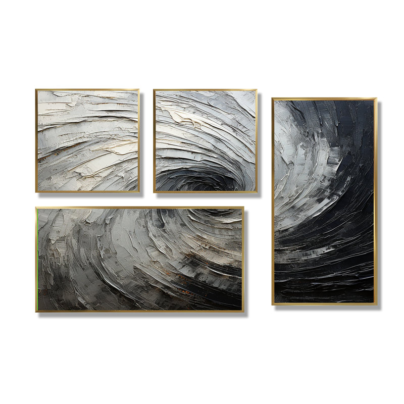 Mouvement méditatif gris et noir - art mural moderne bleu 4 pièces, Reproduction encadrée sans passe-partout, Doré
