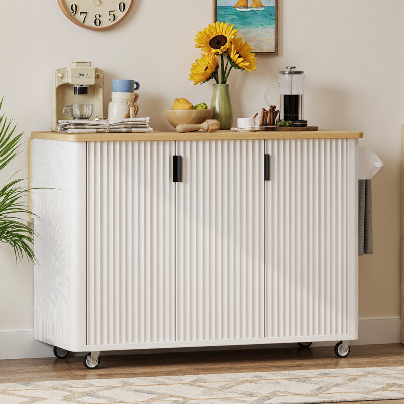 Îlot de cuisine de ferme 51 po avec abattant, roulettes et support de rangement en frêne noir 51 po, Blanc
