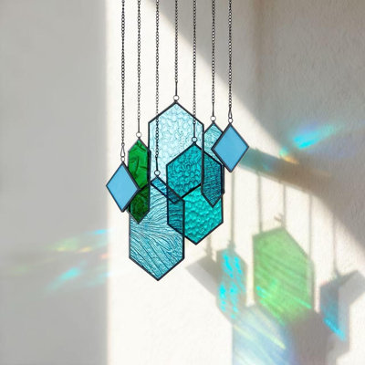 Stained Glass Window Hanging, Crystal Suncatcher, Blue-Green