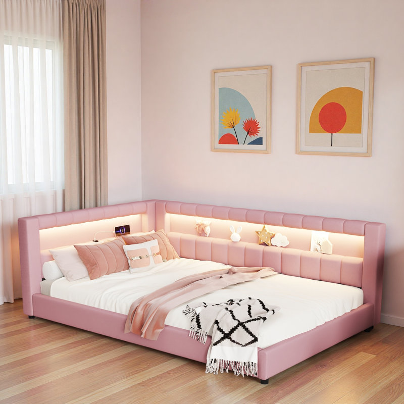 Upholstered Daybed With Usb Ports And Led Light Strips, Full, Pink