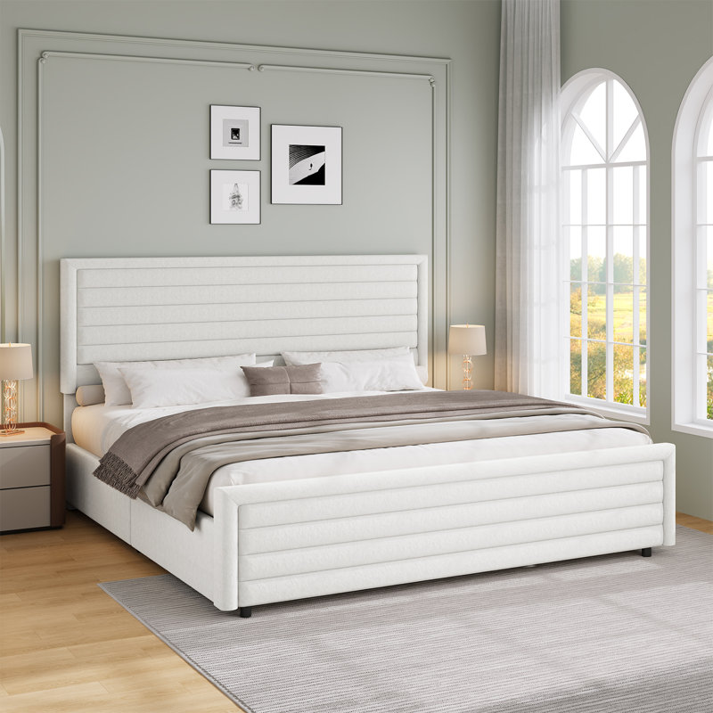 Bed Frame, Upholstered Platform Bed with Velvet Headboard and Footboard, Mattress Foundation with Wooden Slats, White, King