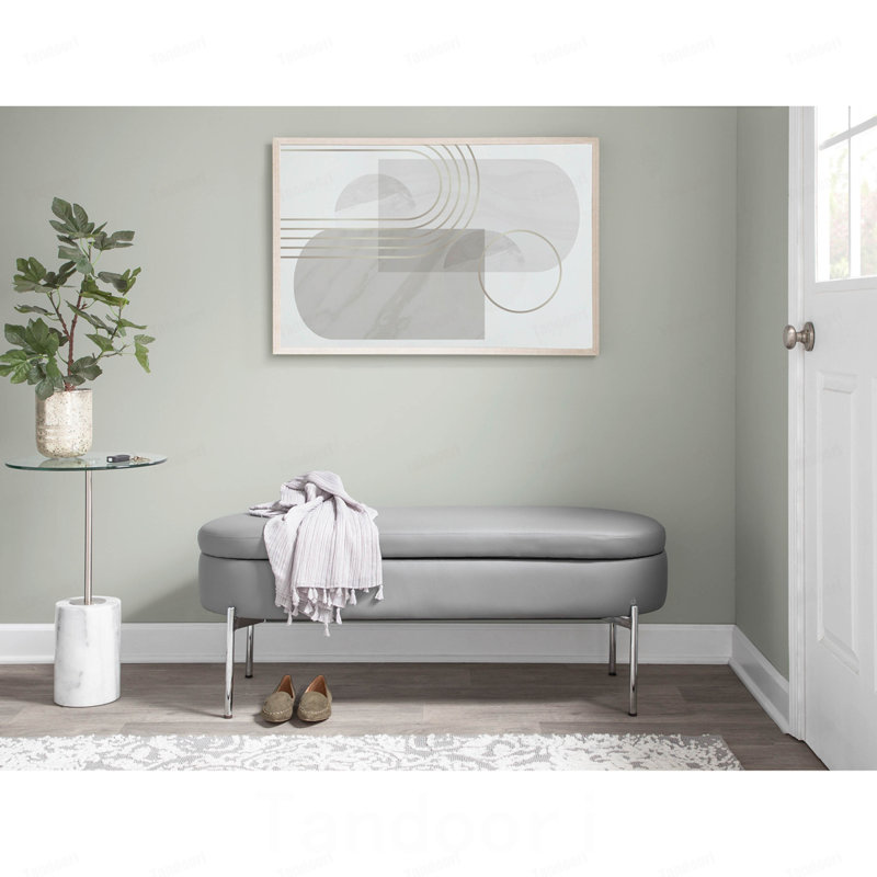 Banc de rangement contemporain en métal chromé et similicuir, Gris