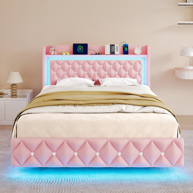 Floating Queen Bed Frame With LED Light, Upholstered Platform PU Leather Bed With Charging Station & Wingback, Diamond Tufted Storage Headboard & Footboard, No Box Spring Needed
