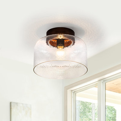 Plafonnier encastré à la main en verre texturé soufflé à la main avec auvent en bois massif, luminaire en forme d'échelle de poisson en forme de dôme transparent de 12 po pour le couloir de la cuisine, base E26 de 60 W maximum