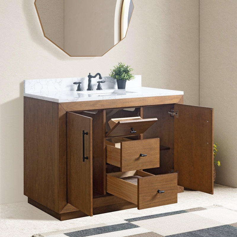 Ensemble de meuble-lavabo autoportant avec lavabo en marbre d'ingénierie 48 po Avignon, Blanc Arabescato, Tanné, 48"