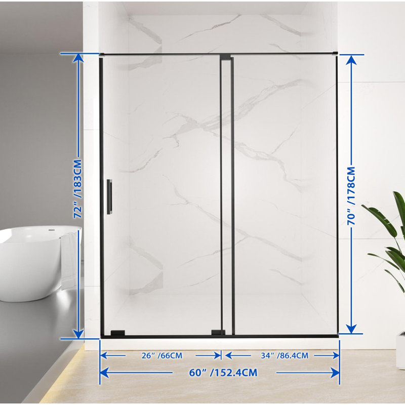 Cabine de douche coulissante semi-sans cadre noir mat, verre trempé transparent de 8 mm SCGG, largeur de 4 po ajustable pour s'adapter à votre espace.