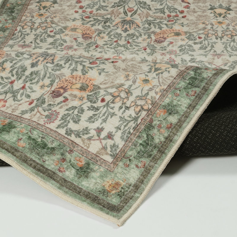  Tapis lavable à motif floral botanique vert sauge, tapis antidérapant traditionnel rétro pour le salon, la salle à manger et la chambre à coucher, revêtement de sol de style chalet