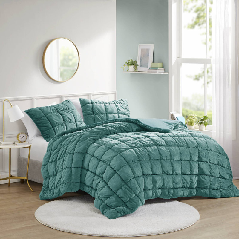 Ensemble d'édredon en velours Velvet Dream Puff, Bleu sarcelle, Édredon pour lit simple + 1 taie décorative stan