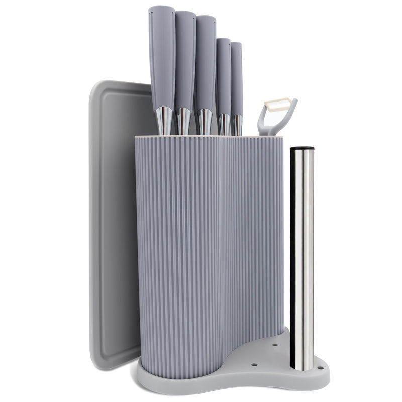 Ensemble de 8 couteaux HEESEM en acier inoxydable avec porte-essuie-tout, bloc de découpe en plastique, planche à découper et éplucheur, gris