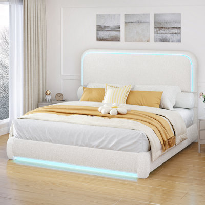 Marshmallow Cloud Boucle Upholstered Bed Frame with LED Lights and Rounded Corners Tall Headboard